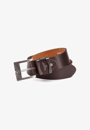 Brown leather belt featuring a metallic buckle with an engraved winged design and a smooth texture, showcasing a classic, versatile shape.