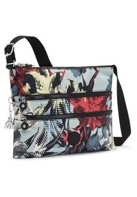 Kukallinen olkalaukku, jossa on sininen ja musta muotoilu, kaksi vetoketjullista osastoa ja säädettävä hihna. Joskinen kangas ja metalliset yksityiskohdat.