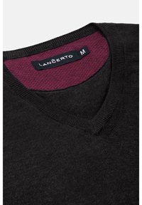 Suéter negro de cuello en V con un forro interior texturizado en color burdeos oscuro. Confeccionado con tela suave, cuello acanalado y cuerpo liso. Etiqueta de la marca visible.