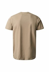 Μπεζ κοντομάνικο t-shirt με στρογγυλή λαιμόκοψη, εμφανίζεται από πίσω σε λευκό φόντο.