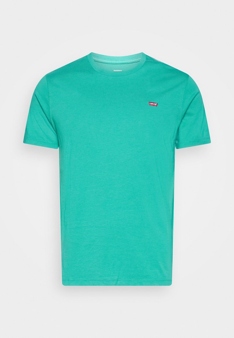 T-shirt en coton turquoise avec un col rond, des manches courtes et un petit logo rouge sur la poitrine gauche. Design simple et de couleur unie.