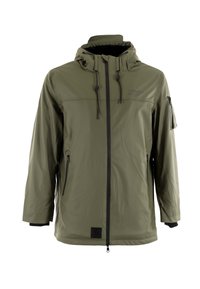 Giacca impermeabile verde con cappuccio, zip frontale e due tasche laterali con zip. Presenta lacci regolabili e un logo sul petto.