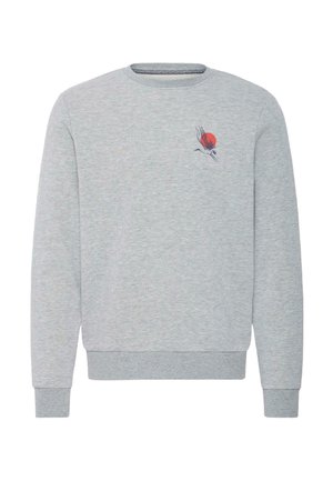 Light gray crewneck sweatshirt with long sleeves and a small black crane flying in front of a red sun on the left chest.