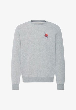 Light gray crewneck sweatshirt with long sleeves and a small black crane flying in front of a red sun on the left chest.
