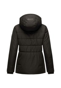 Black padded jacket with a detachable hood, featuring a stitched design, long sleeves, and ribbed cuffs. Back view shows no visible hardware.