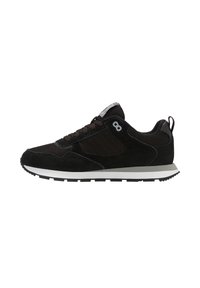 Czarne sportowe sneakersy z cholewką z zamszu i siateczki, biała i szara podeszwa, czarne sznurówki oraz mały szary detal w postaci cyfry "8" w pobliżu kostki.