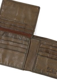 Brown genuine leather wallet featuring multiple card slots and RFID protection. Textured surface with visible stitching and embossed logo.