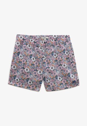 Shorts à motif floral avec des fleurs roses, blanches et orange sur fond bleu, dotés d'une taille élastique et de poches latérales.