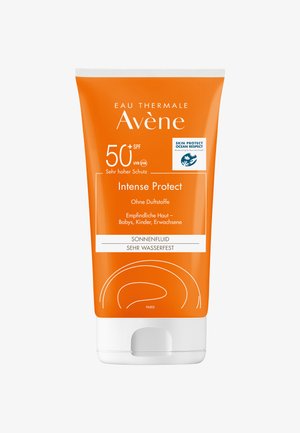 Avene Intense Protect Sonnencreme in einer orangefarbenen Tube mit weißen Akzenten, mit SPF 50+, wasserdichtem Etikett und glatter Textur.