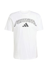 White short-sleeve T-shirt with black "FORTNITE" text arched above a stylized black triangular logo on the front.