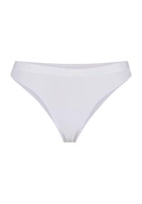White cotton thong featuring a flat elastic waistband with a subtle sheen. Smooth texture, low-rise design. Simple, functional style.