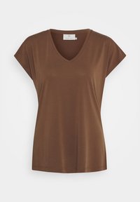 Brun V-ringad T-shirt med korta, uppvikta ärmar. Tillverkad av mjukt, slätt tyg med avslappnad passform och sömnadsdetaljer vid fållen.