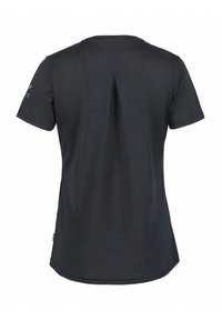 Černé sportovní tričko s krátkým rukávem, hladkou texturou, kulatým výstřihem a svislým detailem švu na zadní straně.