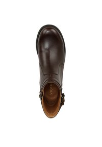 Bottines en cuir marron avec une finition lisse, dotées d'une décoration de boucle, d'un bout rond et d'un intérieur contrasté en beige.
