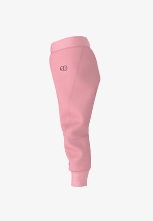 Lyserøde fleece joggingbukser med elastisk talje, manchetter ved anklerne og et lille sort dobbeltsmiley logo på øverste lår.