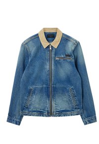 Denim takki, jossa on vaaleansininen väri, samettikaulus, etuvetoketjusuljenta, rintavetoketjutasku ja sivutaskut kontrastivärisine ompeleineen.