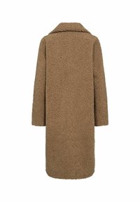 Brun oversized kappa tillverkad av texturerad tyg, med en nertonad krage och långa ärmar, i en medellång design.