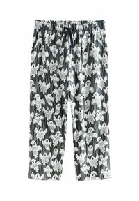 Black pajama shorts with white ghost patterns and text. Features an elastic waistband and mid-calf length. Material is lightweight and soft.