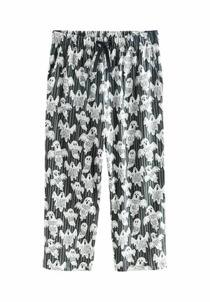 Schwarze Schlafshorts mit weißen Gespenster-Mustern und Text. Sie verfügen über einen elastischen Bund und eine Fußknöchellänge. Das Material ist leicht und weich.