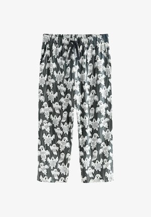 Schwarze Schlafshorts mit weißen Gespenster-Mustern und Text. Sie verfügen über einen elastischen Bund und eine Fußknöchellänge. Das Material ist leicht und weich.