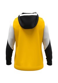 Kapuzenpullover mit gelbem Oberteil, schwarzen Ärmeln und weißen Akzenten. Glatte Textur, klassischer Schnitt und verstellbarer Kordelzug an der Kapuze.