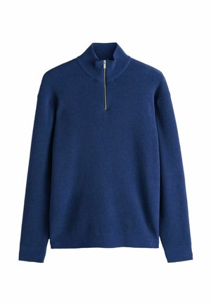 Marineblauer Pullover mit hohem Kragen und halbem Reißverschluss, ausgestattet mit einem strukturierten, gerippten Design und langen Ärmeln.