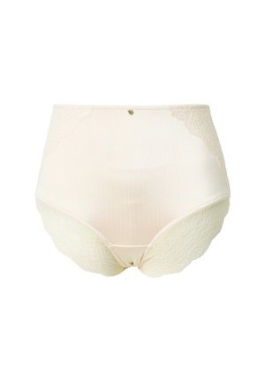Culotte taille haute en crème avec un tissu côtelé ; comporte un accent en dentelle sur les côtés et un bouton décoratif à la taille.