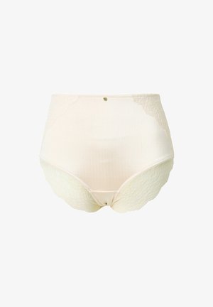 Hochgeschnittene Unterwäsche in Creme mit einem gerippten Stoff; verfügt über eine Spitzendekoration an den Seiten und einen dekorativen Knopf am Taillenbund.