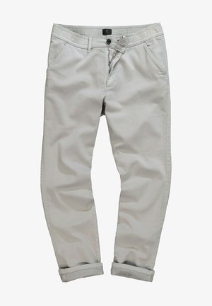 Helle graue Chinos mit lockerer Passform. Mit Reißverschluss, Knopfverschluss, Gürtelschlaufen und umgeschlagenen Säumen für einen lässigen Look.