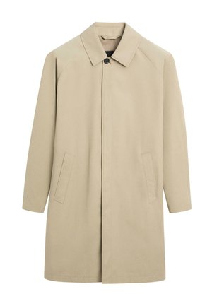 Trench-coat beige à simple boutonnage avec col pointu, patte de boutonnage cachée, manches longues et deux poches latérales fendues.