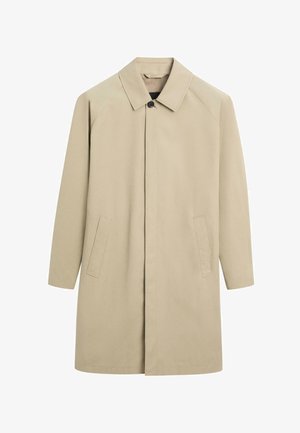 Trench coat beige monopetto con colletto a punta, pattina per bottoni nascosta, maniche lunghe e due tasche laterali a fessura.