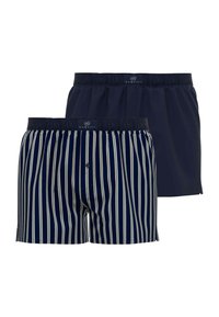 Navy and striped boxer shorts, featuring an elastic waistband and a button fly. The striped design is light and dark navy with white accents.