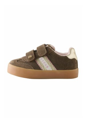 Brown suede shoe with two Velcro straps, pink and cream striped accent, and rubber sole. Rounded toe and padded collar.