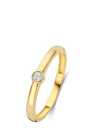 Gold ring with a smooth, rounded band featuring a single round diamond set in a polished bezel. Sleek, minimal design.