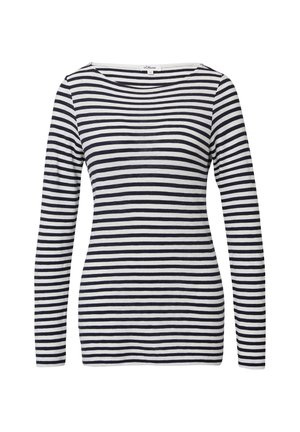 Gestreepte langlevende top in marineblauw en wit, met een brede halslijn en een slim fit, gemaakt van een lichtgewicht, gestructureerde stof.