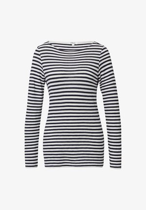 Pruhovaný dlhý rukáv v námorníckej modrej a bielej farbe, so širokým výstrihom a štíhlym strihom, vyrobený z ľahkej textúrovanej tkaniny.