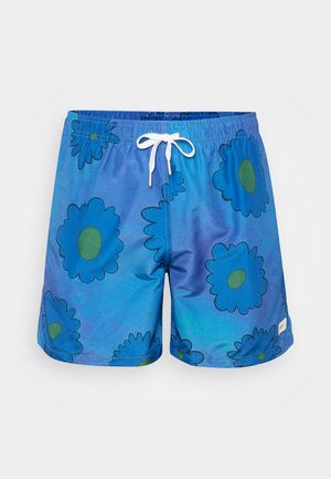 Blaue Badehosen mit großen blauen Blumen und grünen Mittelpunkten, ausgestattet mit einem weißen Kordelzug-Bund und einer glatten, glänzenden Textur.