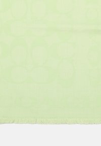 Ljust grönt tyg med ett subtilt vävt mönster av olika glasögonformer och ordet "COACH" nära botten med fransad kant.