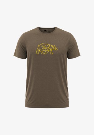 Hasselnouwe, korte mouwen t-shirt met een geometrisch geel berenontwerp op de borst. Zachte textuur, ronde hals en reguliere pasvorm.