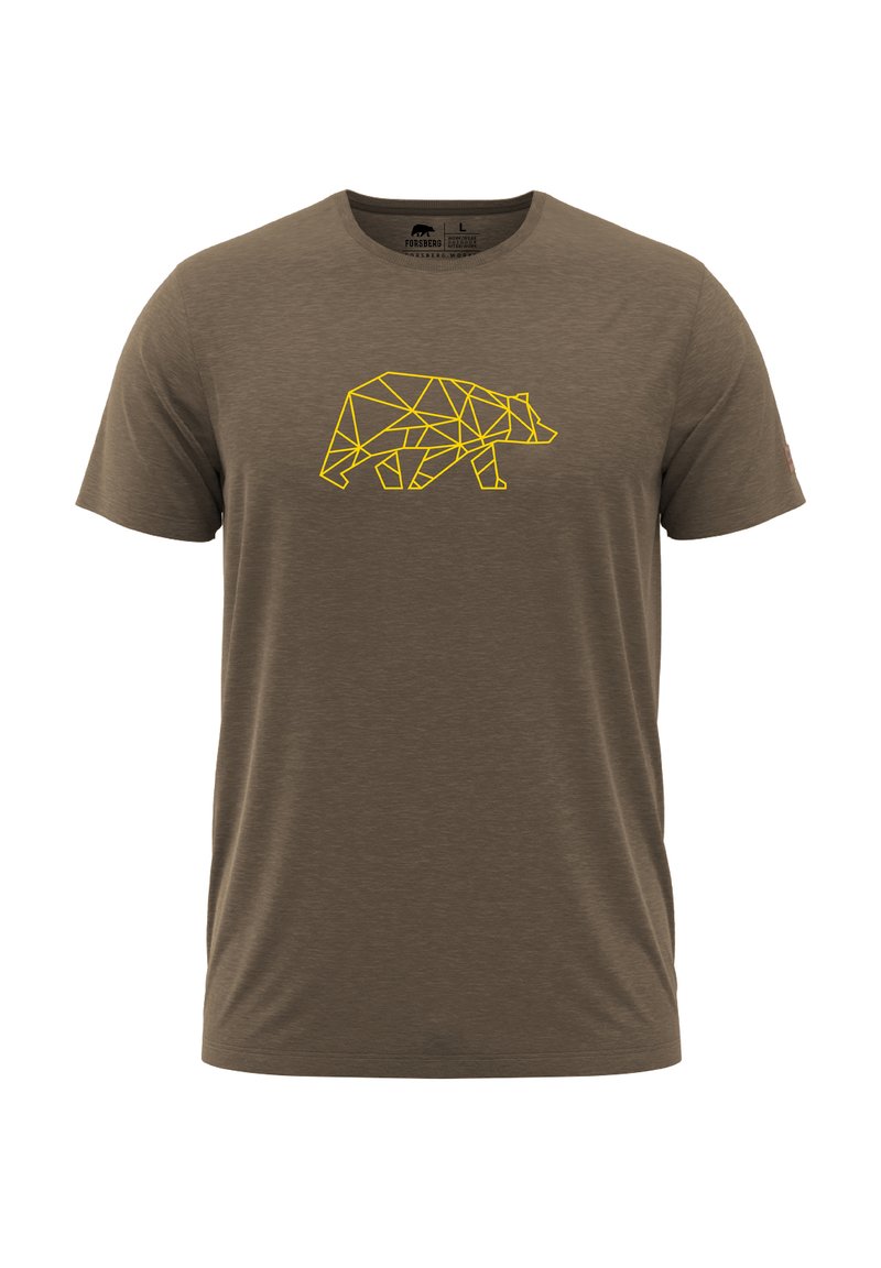 Hasselnouwe, korte mouwen t-shirt met een geometrisch geel berenontwerp op de borst. Zachte textuur, ronde hals en reguliere pasvorm.