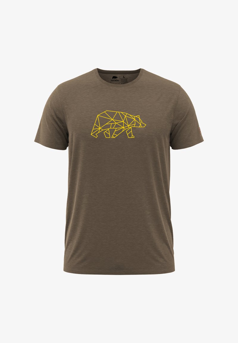 Braunes T-Shirt mit kurzen Ärmeln und geometrischem gelben Bärenmotiv auf der Brust. Weicher Stoff, Rundhalsausschnitt und normale Passform.