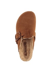Brauner Wildleder-Pantoffel mit verstellbarer Schnalle und flauschigem Fellfutter, Größe 37, von oben betrachtet.