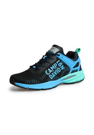 Black athletic shoe with blue accents, mesh upper, rounded toe, textured surface, and a rubber sole. Features laces and a pull tab.