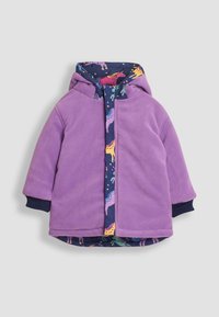 Lilla fleecejakke med hætte, med et farverigt dyreprintfor. Ribbet manchetter. Blød tekstur, lige snit og ingen lukninger.