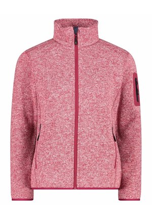 Roze en wit gebreid fleecejack met volledige ritssluiting aan de voorkant, hoge kraag, ritssluitingen aan de zijkanten en een ritszak op de linkermouw.