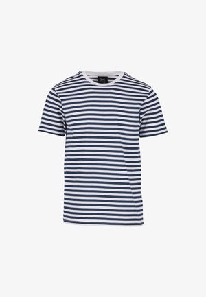 T-shirt rayé bleu marine et blanc, en coton, avec un col rond et des manches courtes, présentant des rayures horizontales uniformément espacées.