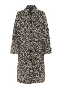 Long manteau en laine avec imprimé léopard noir et beige, col classique et boutons noirs sur le devant.