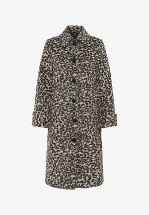 Pitkä villatakki musta-beige leopardi-kuosisella, klassisella kauluksella ja mustilla etunapeilla.