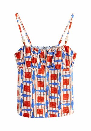 Spaghetti-strap top with red squares and blue fish pattern on white background, featuring wooden bead details on straps.
