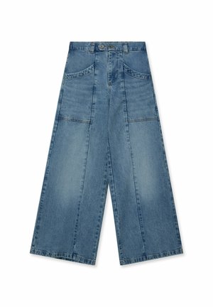 Blugi albastre din denim cu picioare largi, buzunare cusute în față, talie înaltă și închidere cu dublu nasture.